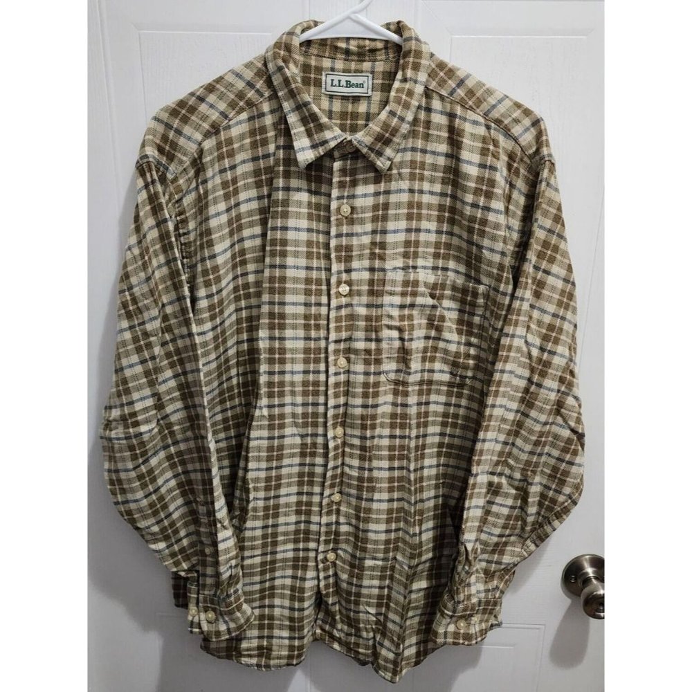 L.L. Bean Long Sleeve Flannel Button Up Shirt Scotch Plaid Tan Brown Size XXL
